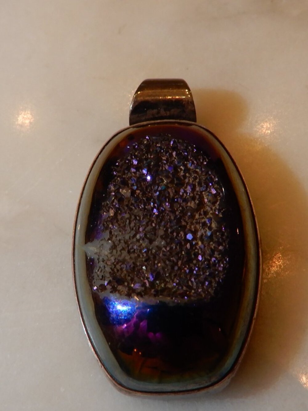 Vintage Iridescent Purple Druzy Quartz and Silver Pendant
